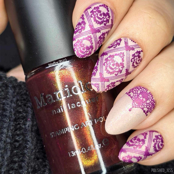 Maniology - Stamping Nail Polish - Nightshade: Velvetine (B527) - Maroon Red With Gold Shimmer